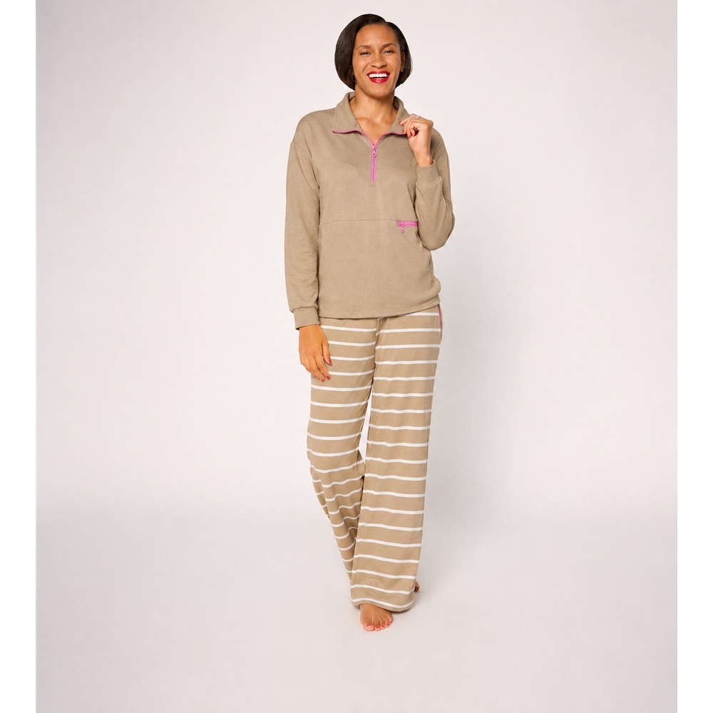 MUK LUKS Petite French Terry Quarter Zip and Pant Lounge Set Tan Stripe,Petite L